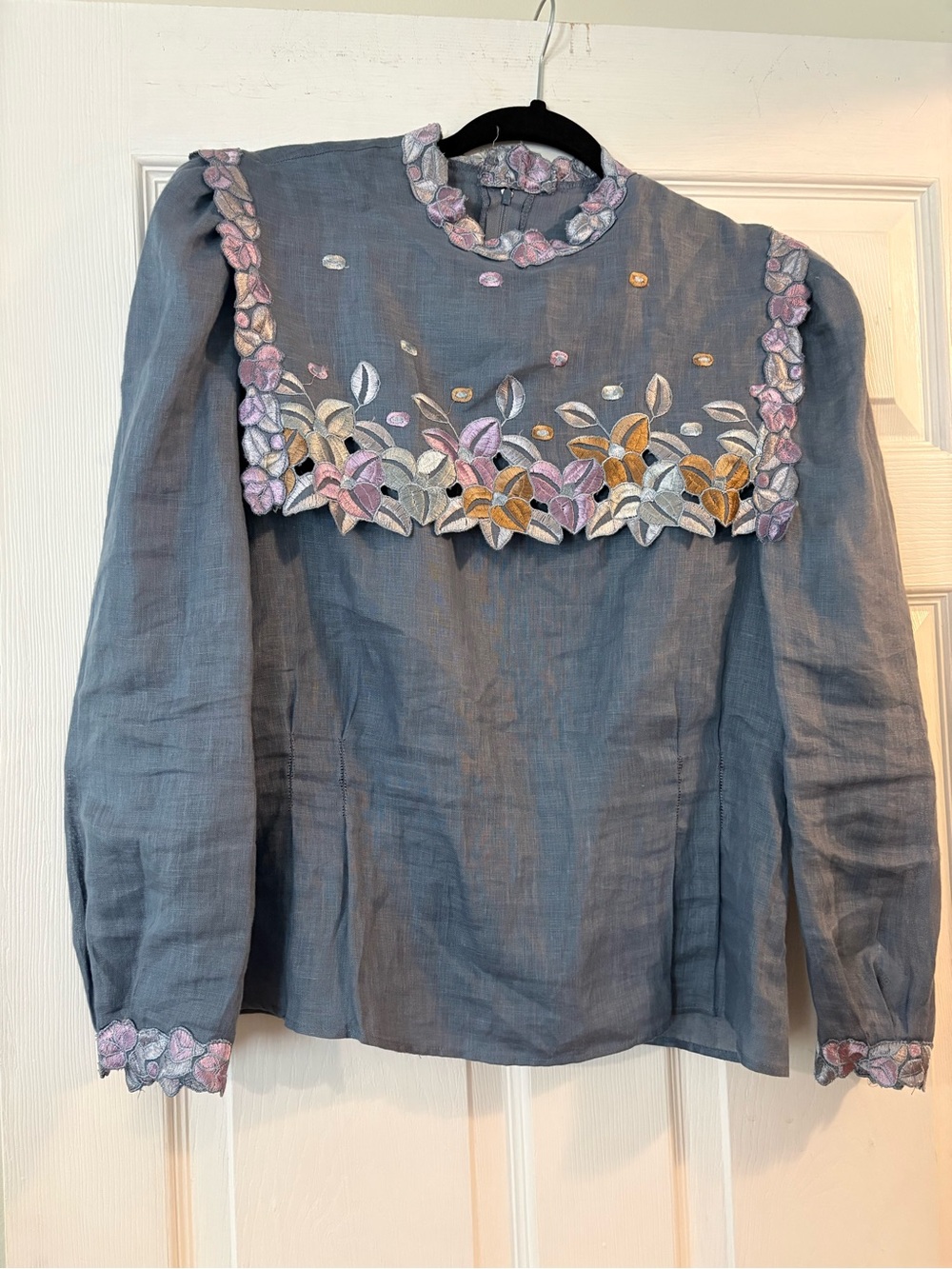 Women's Slate Blue Embroidered Long-Sleeve Blouse